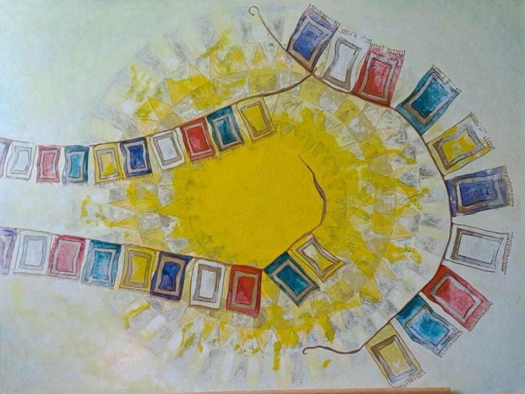 Peinture représentant des drapeaux de prière vides, tournant autour d'un soleil et d'une lune.