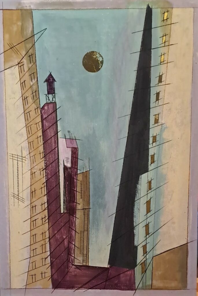 La Tour réelle, celle qui existe vraiment, pas une invention de peintre.
Sur chaque toile, il y a cette zone blanche, en réserve, comme une présence. Une vraie signature. Cette part qui refuse de se raconter reste ouverte pour celui qui regarde. Silencieuse, pendant que tout le reste se remplit de couleur et de matière.
Pas une reprise de Feininger. Une réponse avec une matière qui lui est étrangère.
La matière, le relief, l'opacité plutôt que la transparence de l'aquarelle : voilà comment ce dialogue avec les autres artistes s'écrit, plutôt que de les recopier. Feininger jouait la transparence sur ses façades. Ici, c'est l'inverse du corps et de l'opacité, pour les mêmes formes.
La Tourelle, La Tour Réelle, minuscule … et elle porte la vie !
Un contrepoint plutôt qu'un simple hommage.
Inspiré de "Manhattan IV B", Lyonel Feininger, 1937.